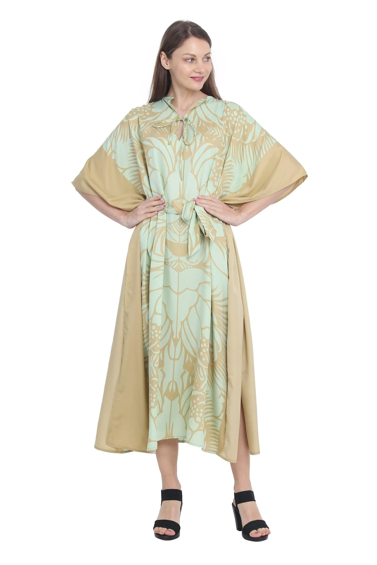 Green Floral Half Sleeve Beach Kaftan