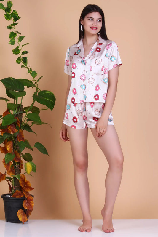 Womens Playful Donut Print Short Sleeve Printed Nightshirts and  Soft pajama set