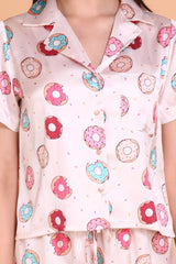 Womens Playful Donut Print Short Sleeve Printed Nightshirts and  Soft pajama set