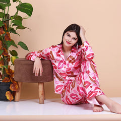 Pink Kiss Lips Women's Soft Pajama Sets Long Sleeve Shirt And Pant Sleepwear