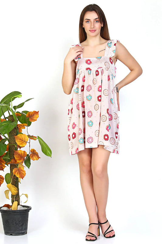 Womens silk cami dress Ruffle Sleeve Donut Printed Cute Sleepwear