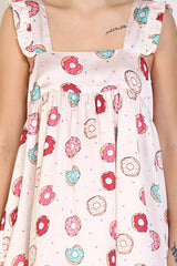 Womens silk cami dress Ruffle Sleeve Donut Printed Cute Sleepwear