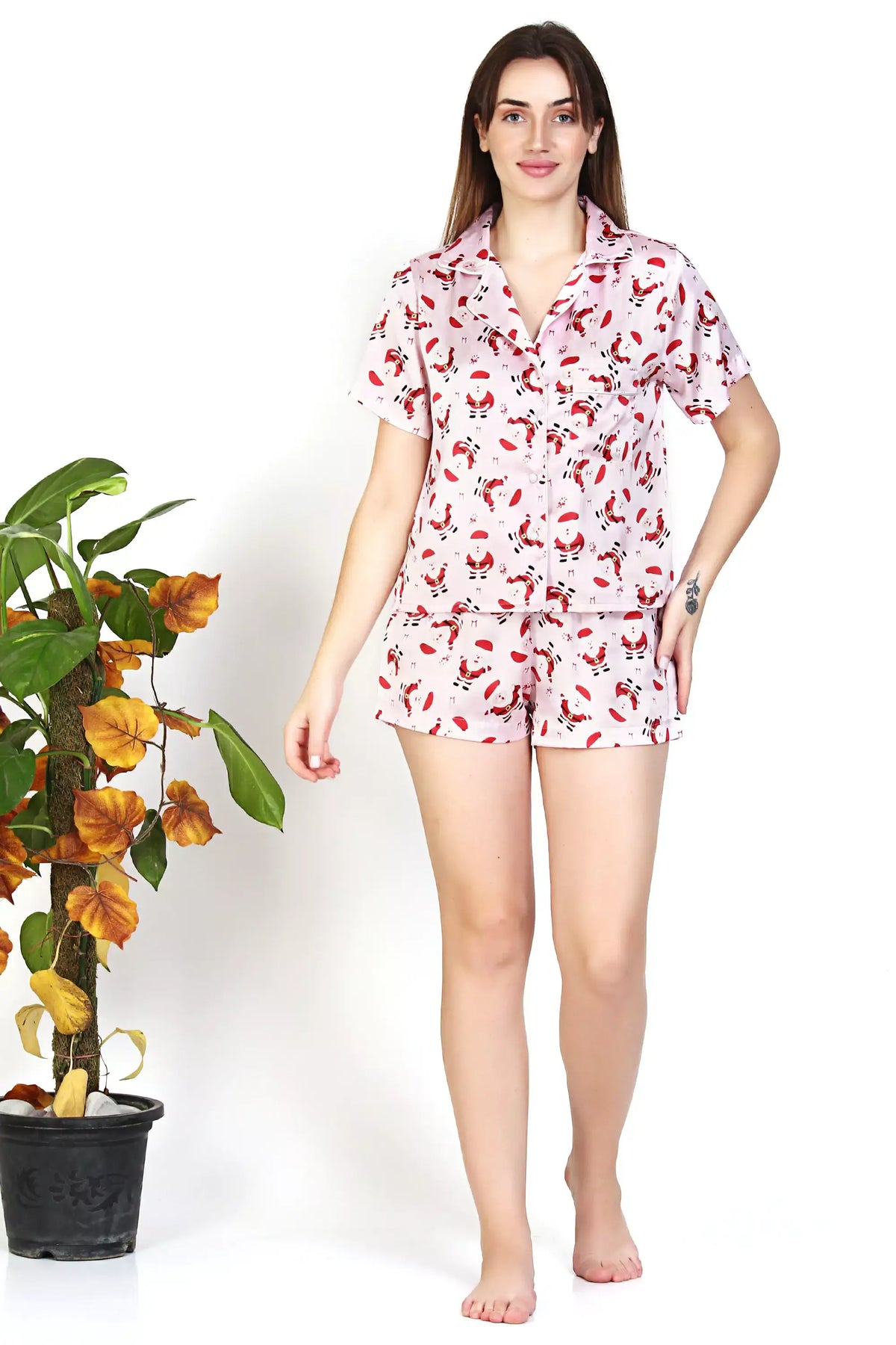 Womens Christmas Santa Print Silk Top and Shorts Pajamas Set