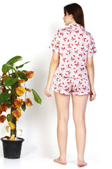 Womens Christmas Santa Print Silk Top and Shorts Pajamas Set