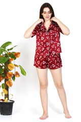 Women's Satin Heart Print Short Sleeve Button Down Flamingo Pajamas Shorts Set