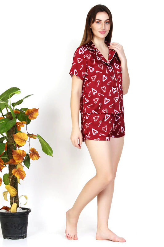 Satin Heart Print Short Sleeve