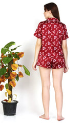 Women's Satin Heart Print Short Sleeve Button Down Flamingo Pajamas Shorts Set