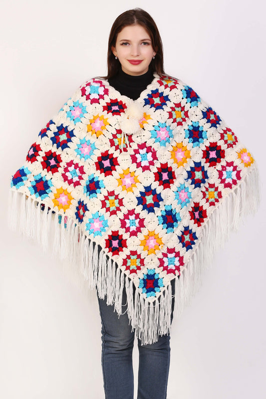 Flower Fringed Poncho Sweater Red & Cream