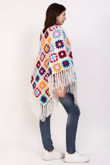 Flower Fringed Poncho Sweater Red & Cream