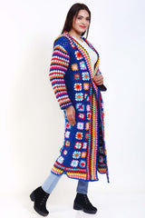 Woman Cap hooded long granny square coat or cardigan with pockets