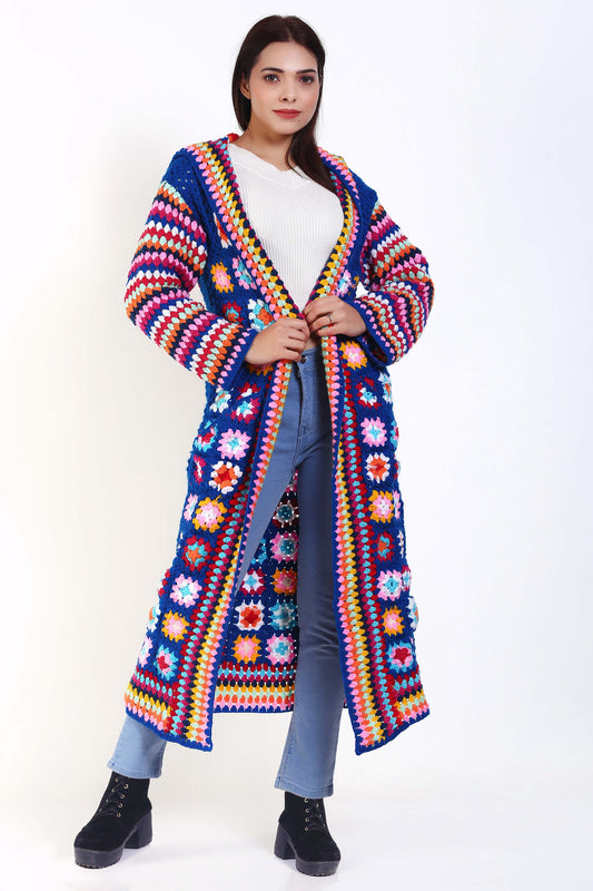 Woman Cap hooded long granny square coat or cardigan with pockets