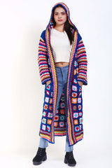 Woman Cap hooded long granny square coat or cardigan with pockets