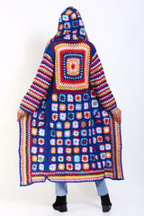 Woman Cap hooded long granny square coat or cardigan with pockets