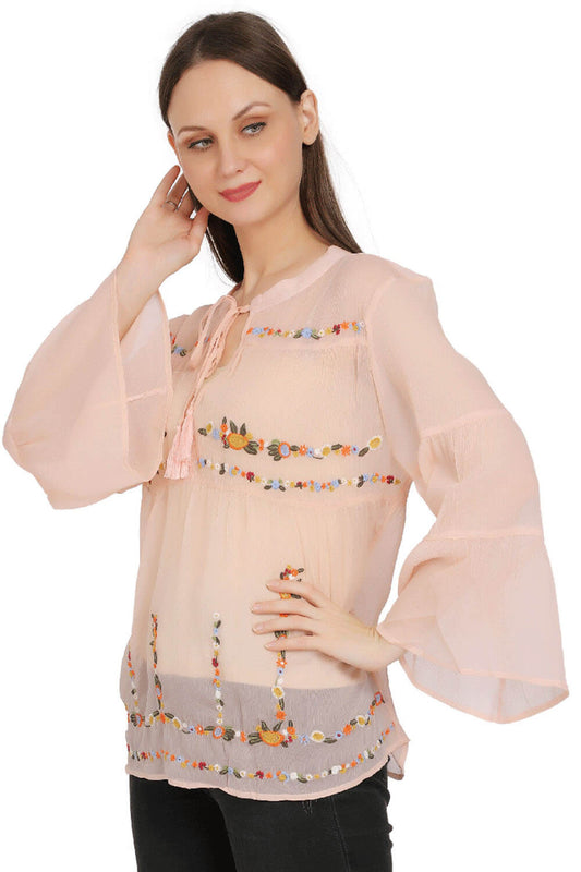 Peach Blossom Chiffon Embroidered Top